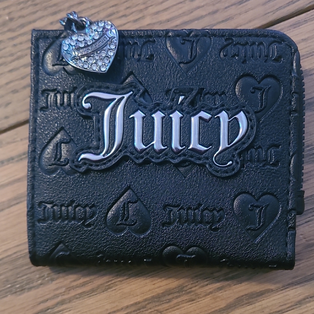 Juicy Couture Black Embossed Zip Wallet with Rhinestone Heart Charm